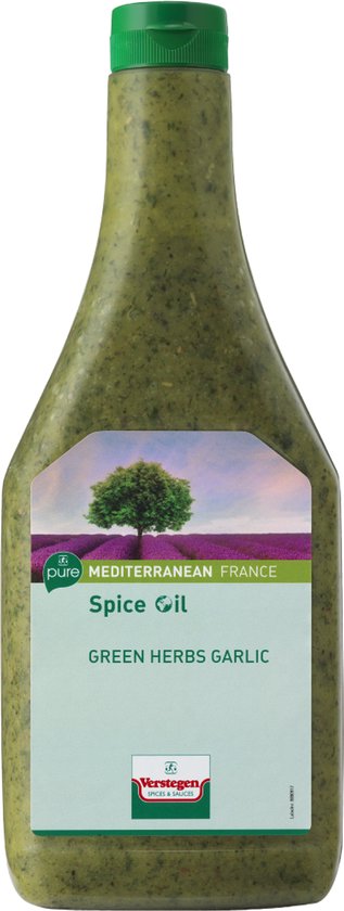 Fles kruidenolie met groene kruiden en knoflook. Label met MEDITERRANEAN FRANCE en Verstegen logo.
