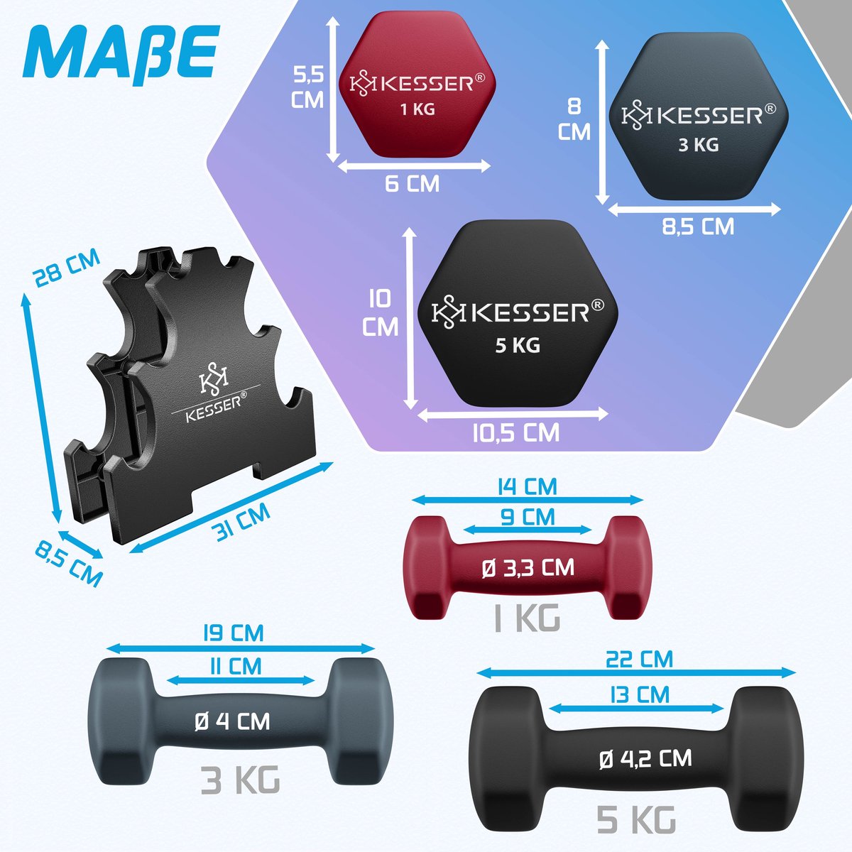 KESSER® Dumbells Set 3 Paren | Gewichten Set met Standaard | verstelbare Dumbell Geschikt voor Krachttraining | Halterset met oefeningenboekje, 2x fitnessbanden – foto 8