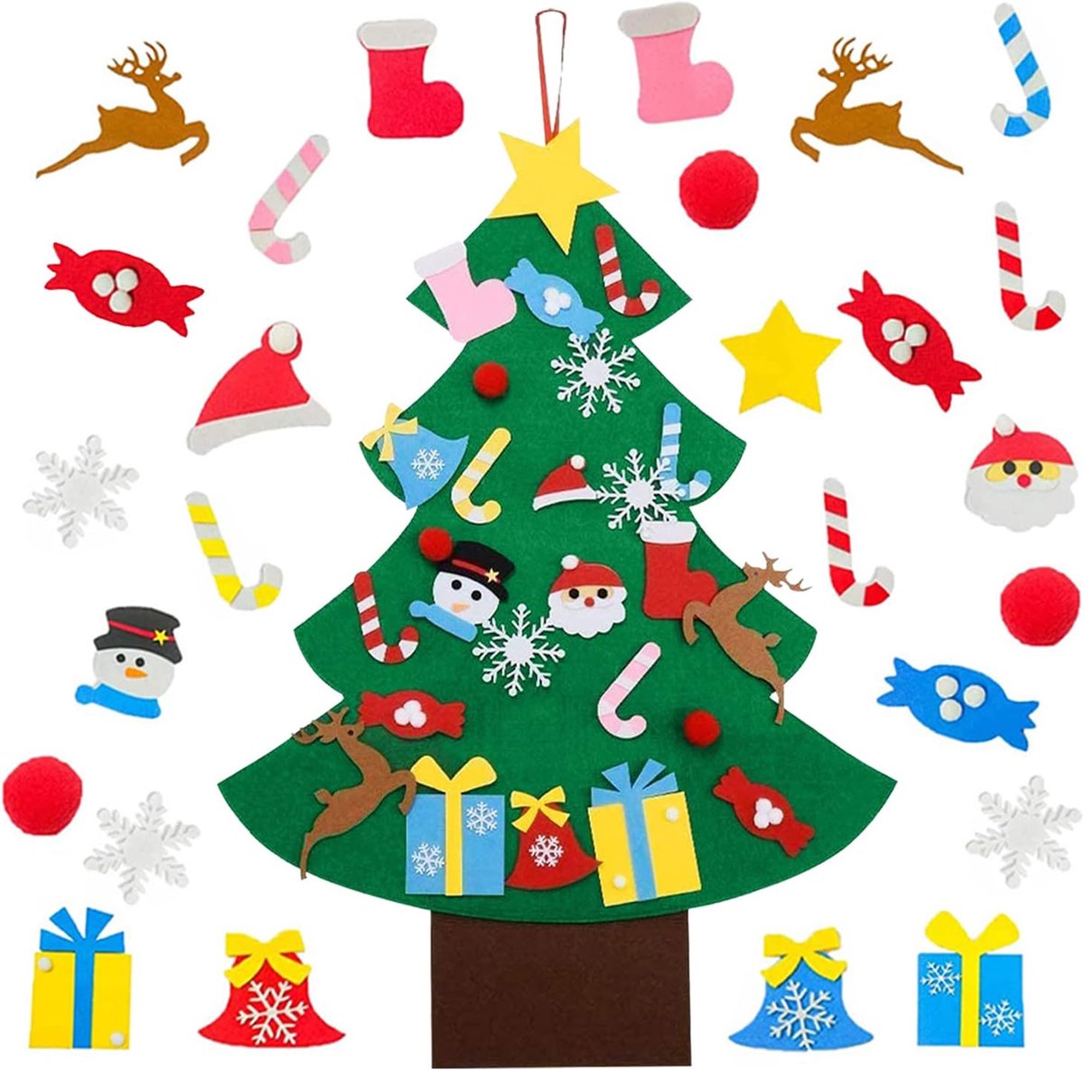 JeiibrZui DIY Kerstboom Van Vilt - Kindveilige Kerstboom Voor Aan De Muur - Driedimensionaal Met Verwijderbare Versieringen - 1 Stuk - Groen