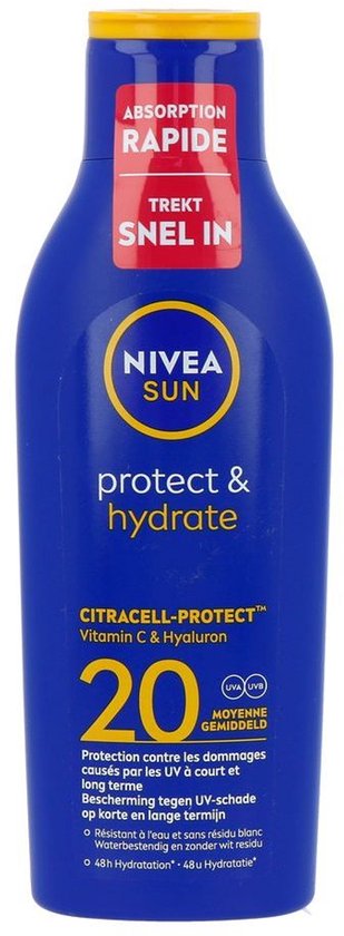 Blauwe fles NIVEA SUN protect & hydrate SPF 20, met gele dop en rode 'Absorptie Rapide' sticker.