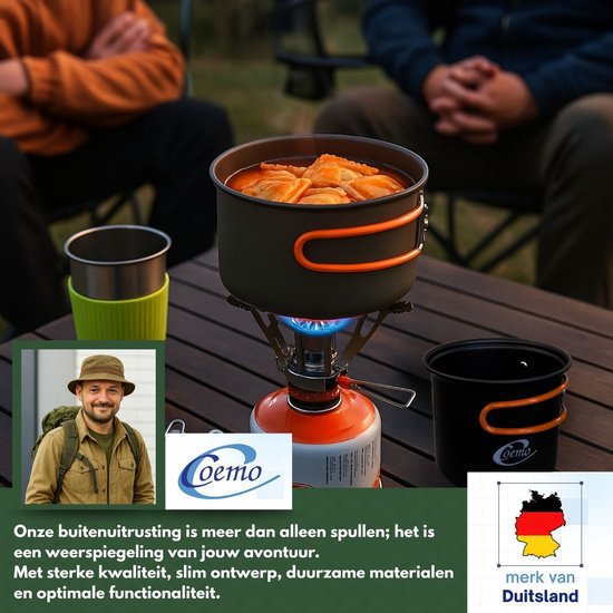 Coemo 7-delige outdoor kookset, oranje, campingfornuis, pannenset met rugzakfornuis, roestvrijstalen beker, mes, vork en lepel voor backpacken, kamperen, wandelen en picknicken — afbeelding 5