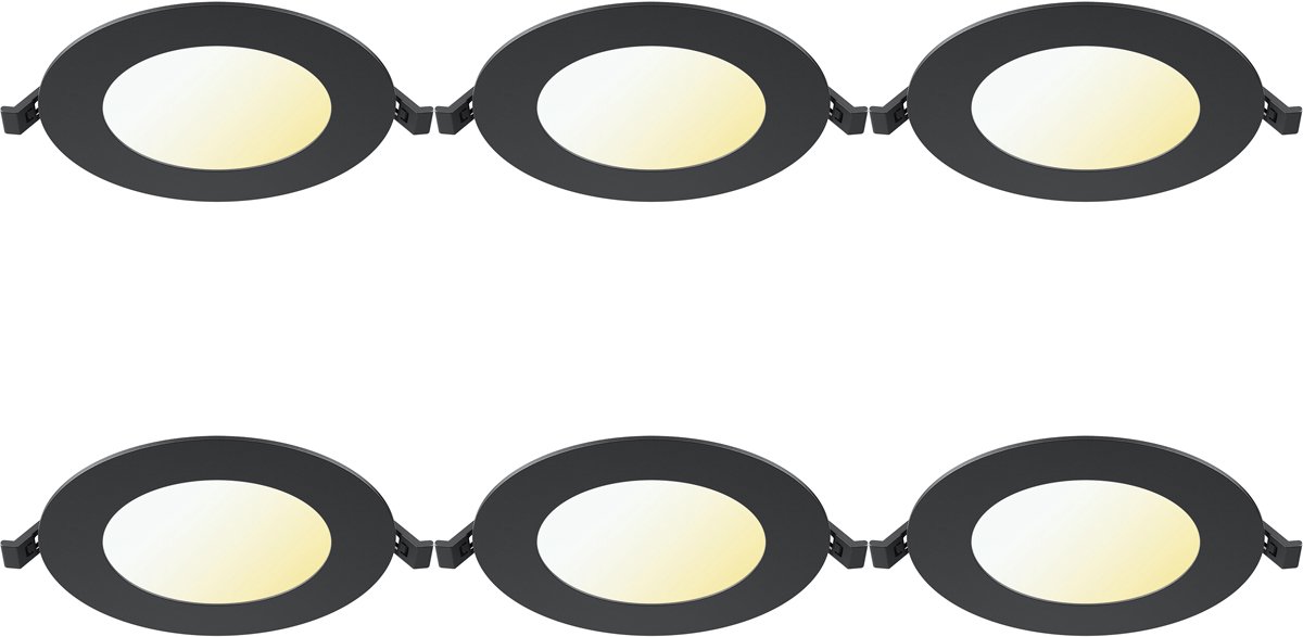 LED Downlight Inbouwspot Dimbaar 6 Stuks - Kingtron Thin - 6W 470lm 120° Bundelhoek - Aanpasbare Lichtkleur 3000K-4000K-6500K - IP40 - Rond - Zwart - Ø128mm Buitenmaat - Ø110mm Zaagmaat