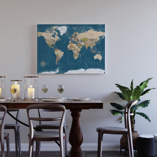Gepinde Wereldkaart op Canvas met Houten Frame en Kurk - Reisdecoratie