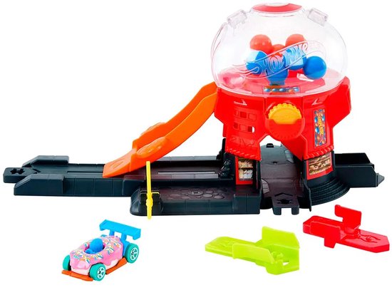 Hot Wheels snoepautomaat speelset met rode auto en oranje glijbaan
