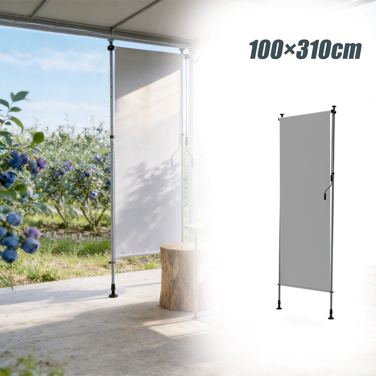 Aufun Rechtopstaande, In Hoogte Verstelbare Zonwering - Lichtgrijs - 100 x 310 cm - Privacyscherm Met Handslinger - Geschikt Voor Balkons, Terrassen En Tuinen