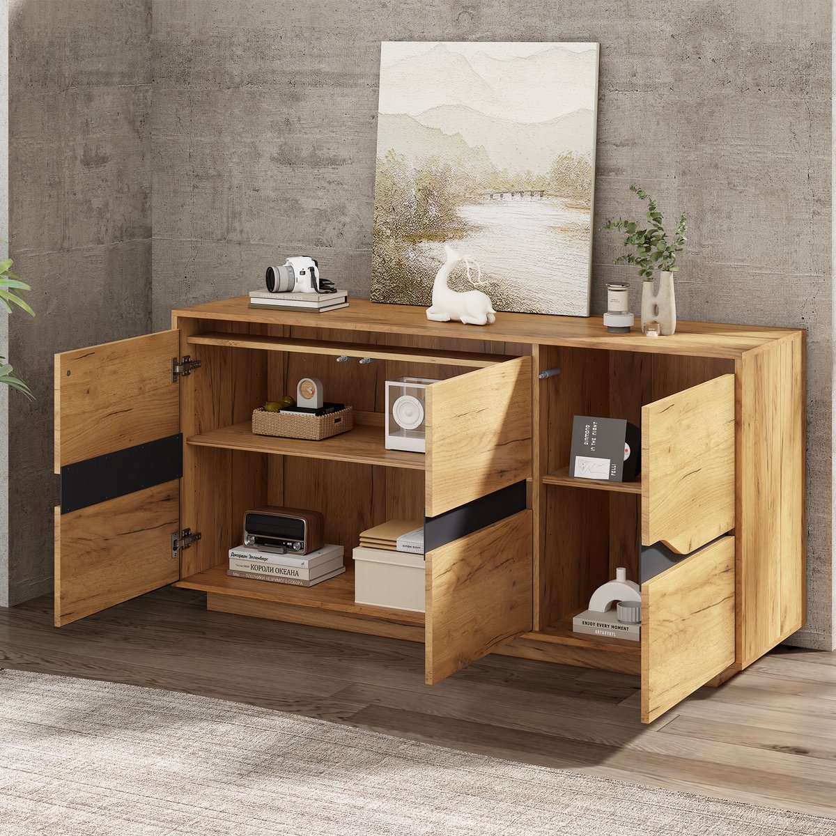 STILVORA Dressoir - 3 Deuren Met Verstelbare Vakken - Organisatie Voor Woonkamer En Eetkamer - Spaanplaat - Eiken;Zwart - 140x40x70 Cm Houtkleur