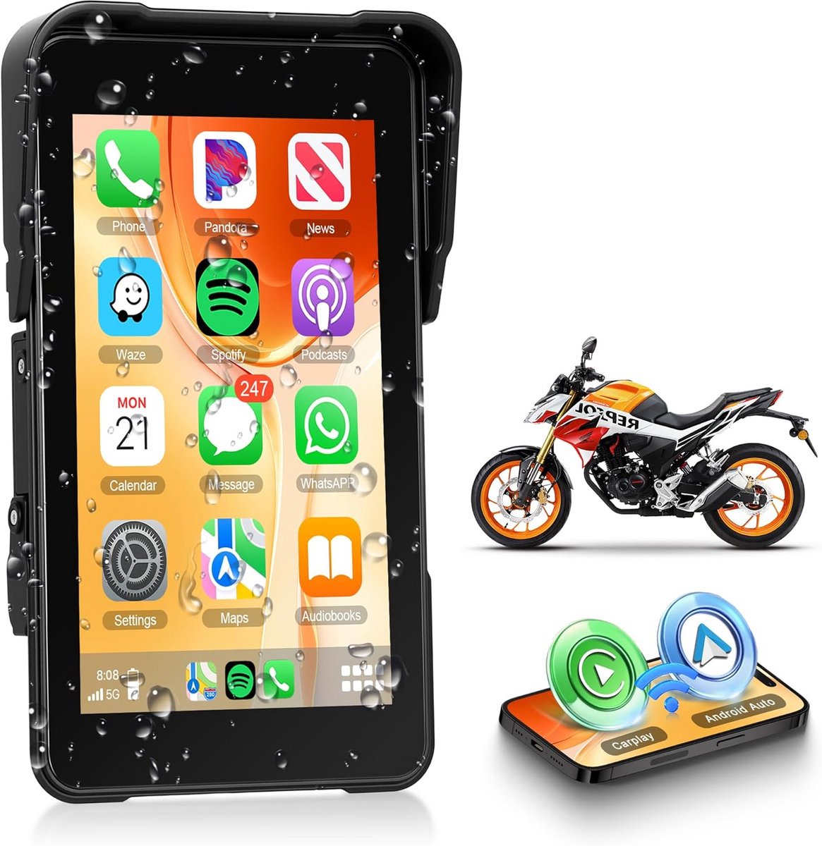 Verticaal 12,7 cm Motorfiets Display met Draadloze Carplay en Android Auto