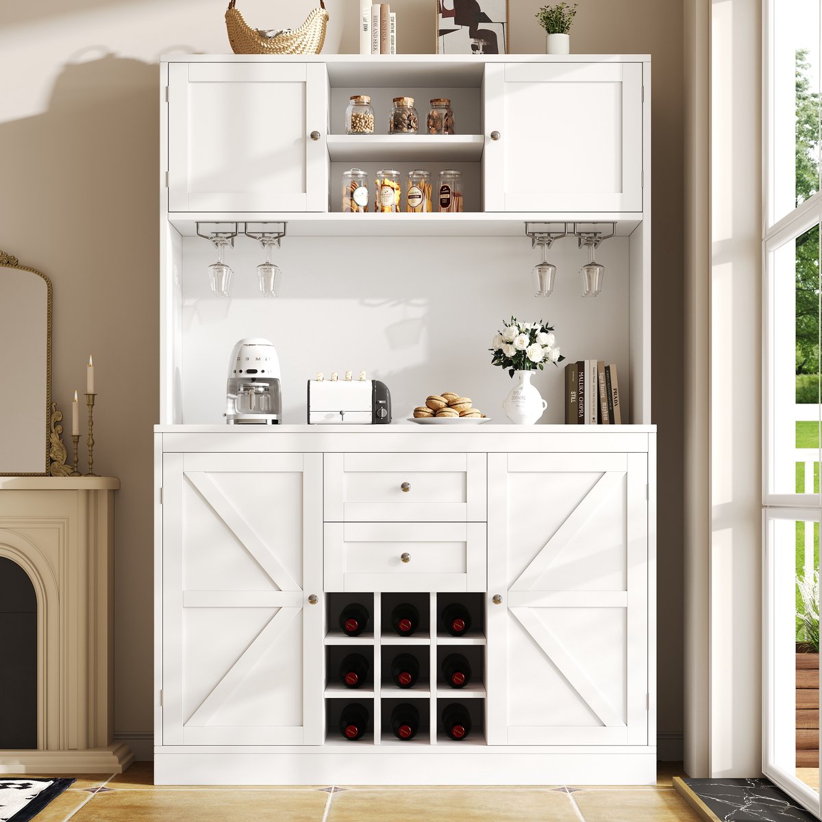 MODFU Keukenkast Met Verstelbare Planken En Wijnrek - Hoog Keukenbuffet Met 4 Deuren En 2 Laden - MDF Met Metalen Grepen - Wit - 120 X 40 X 188 Cm