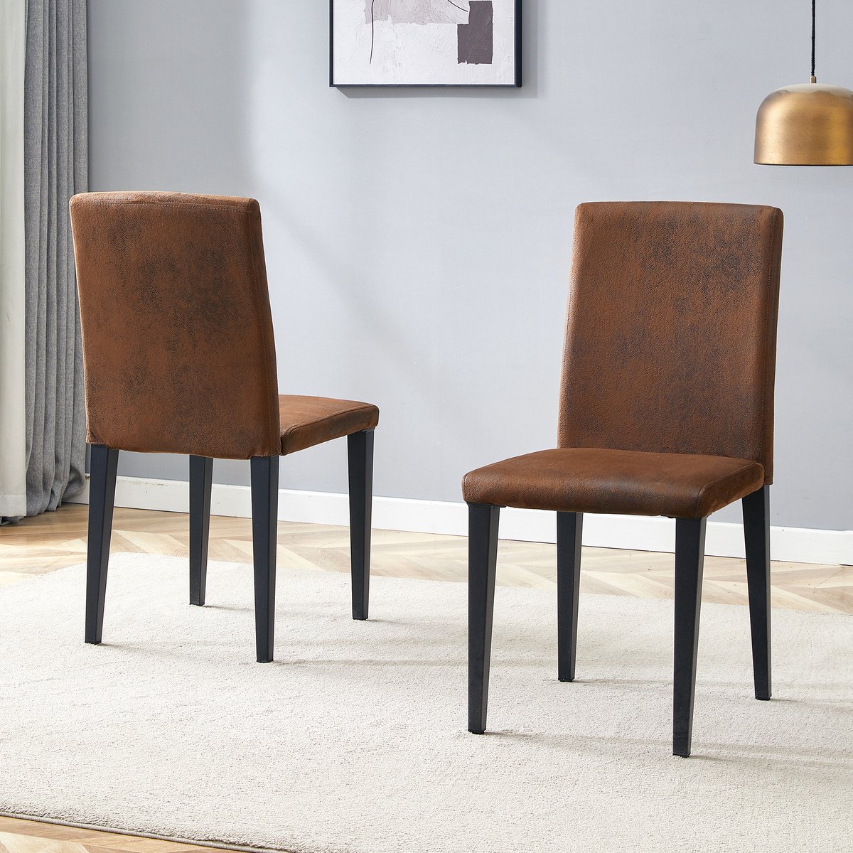 OKWISH Eetkamerstoel 90 Cm - Set Van 2 Met Ergonomische Rugleuning En Antislip Poten - Voor Eetkamer Woonkamer - Stof En Metaal - Bruin+Zwart