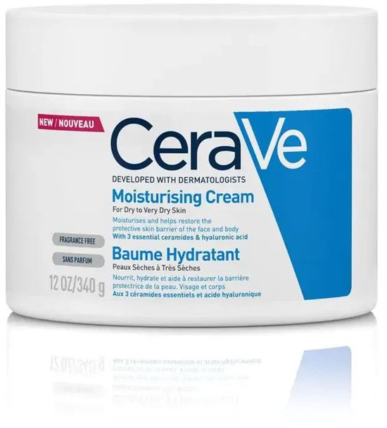 Witte pot CeraVe Moisturising Cream 340g, met blauw en wit label.