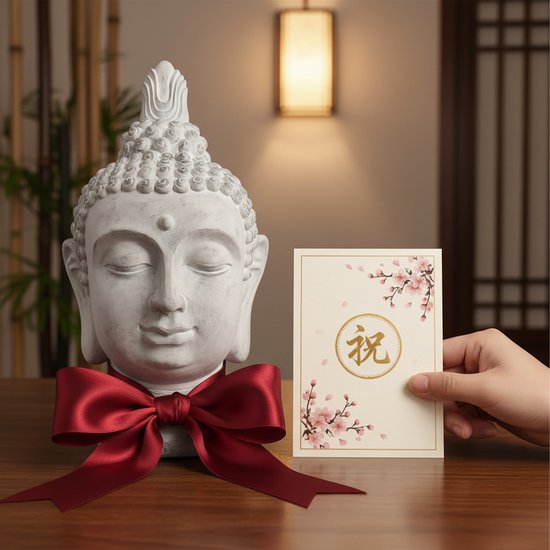 Wit Boeddahoofd met rode strik en kaart met bloesems, Chinees karakter "祝".