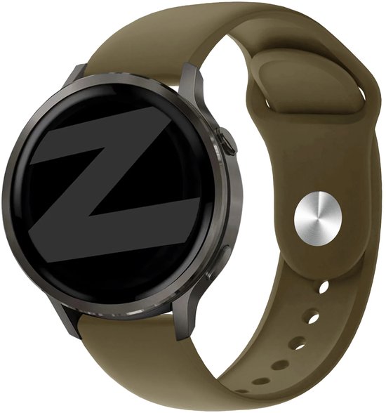 Olijfgroen smartwatchbandje van silicone, bevestigd aan een smartwatch met donkergrijze kast en rond zwart scherm.