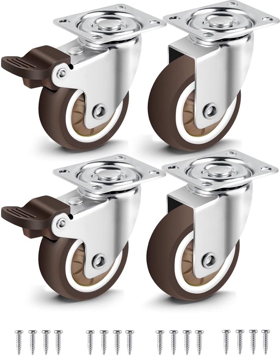 Set van 4 Zwenkwielen 50mm voor Meubels, Rubber Zware Kwaliteit 272kg Draagvermogen, Met en Zonder Rem
