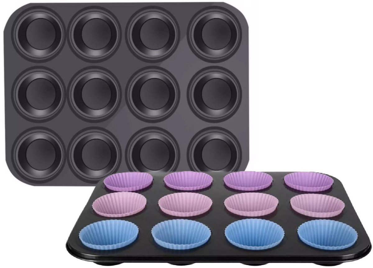 Ruhhy Muffin bakvorm - 2x - 12 cups - grafiet - staal en siliconen - 35 x 26,5 cm - cupcakevorm