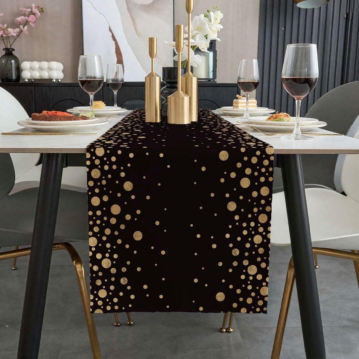 Moderne Tafelloper Zwart Goud Abstract Boho Gestreept Vintage 40x140 cm