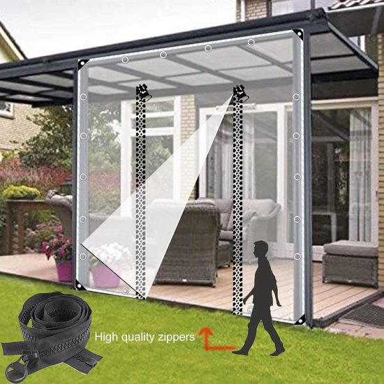 Transparant Waterdicht Zeildoek Gordijn Voor Buiten – 1.8x2.2 M, Met Rits, Voor Pergola, Terras En Balkon, 0.3 Mm PVC, Tegen Wind En Regen