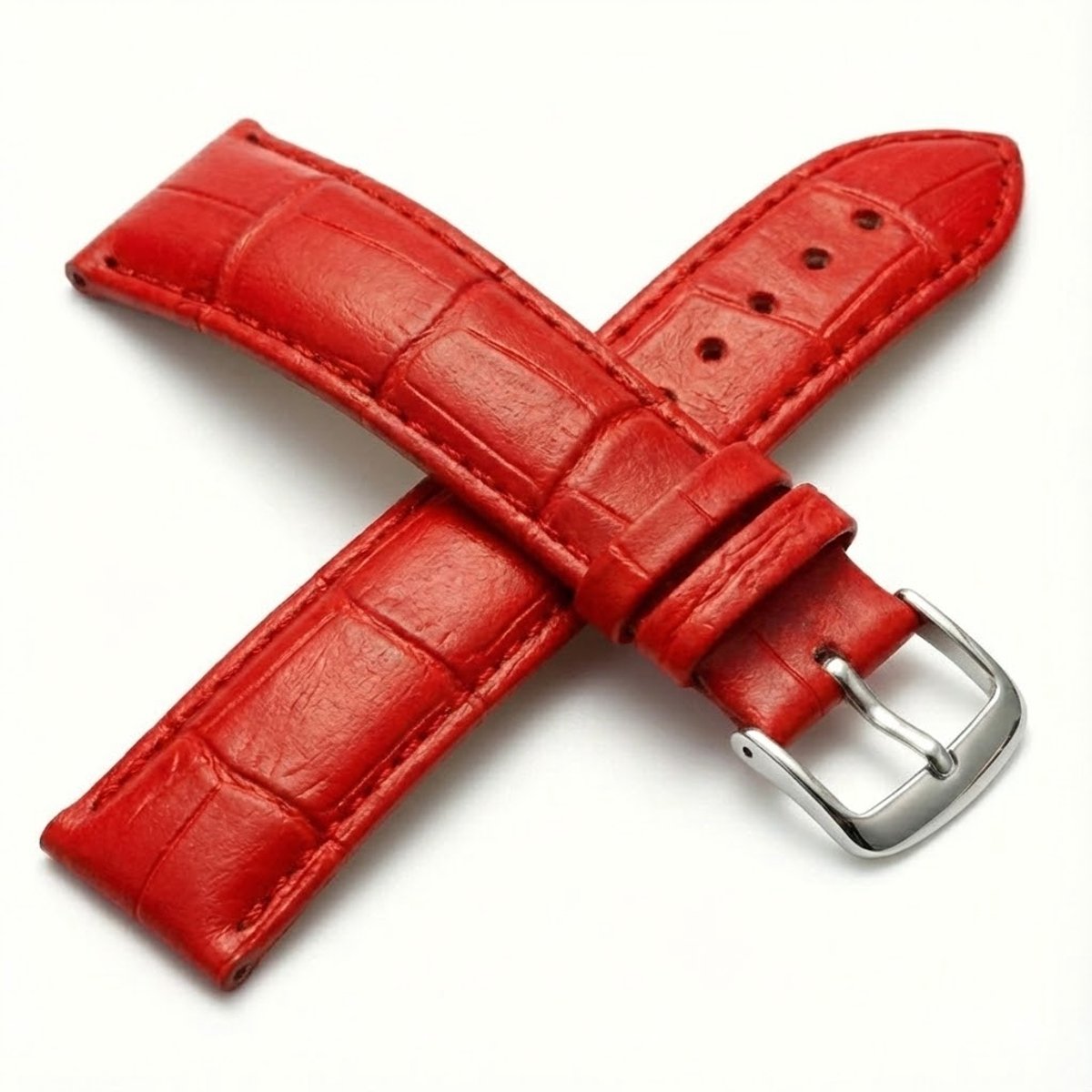 Rood horlogebandje 18 mm geschikt voor dames en heren met krokodillenlook structuur en zilverkleurige gesp, smal vervangend horloge bandje met stiksel