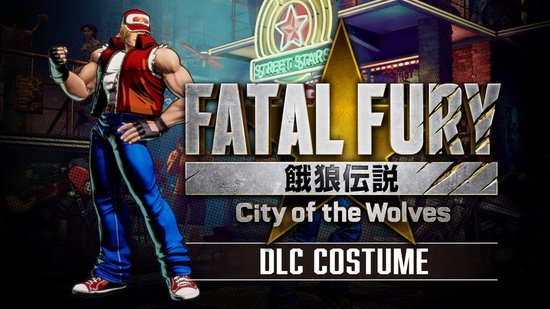 Terry Bogard in rood vest, wit shirt en blauwe spijkerbroek, poseert voor 'Fatal Fury: City of the Wolves' DLC-kostuum.