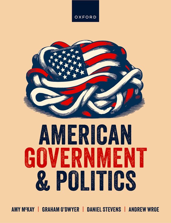 Boekomslag: Amerikaanse vlag in een knoop, met de titel American Government & Politics in rood en blauw.