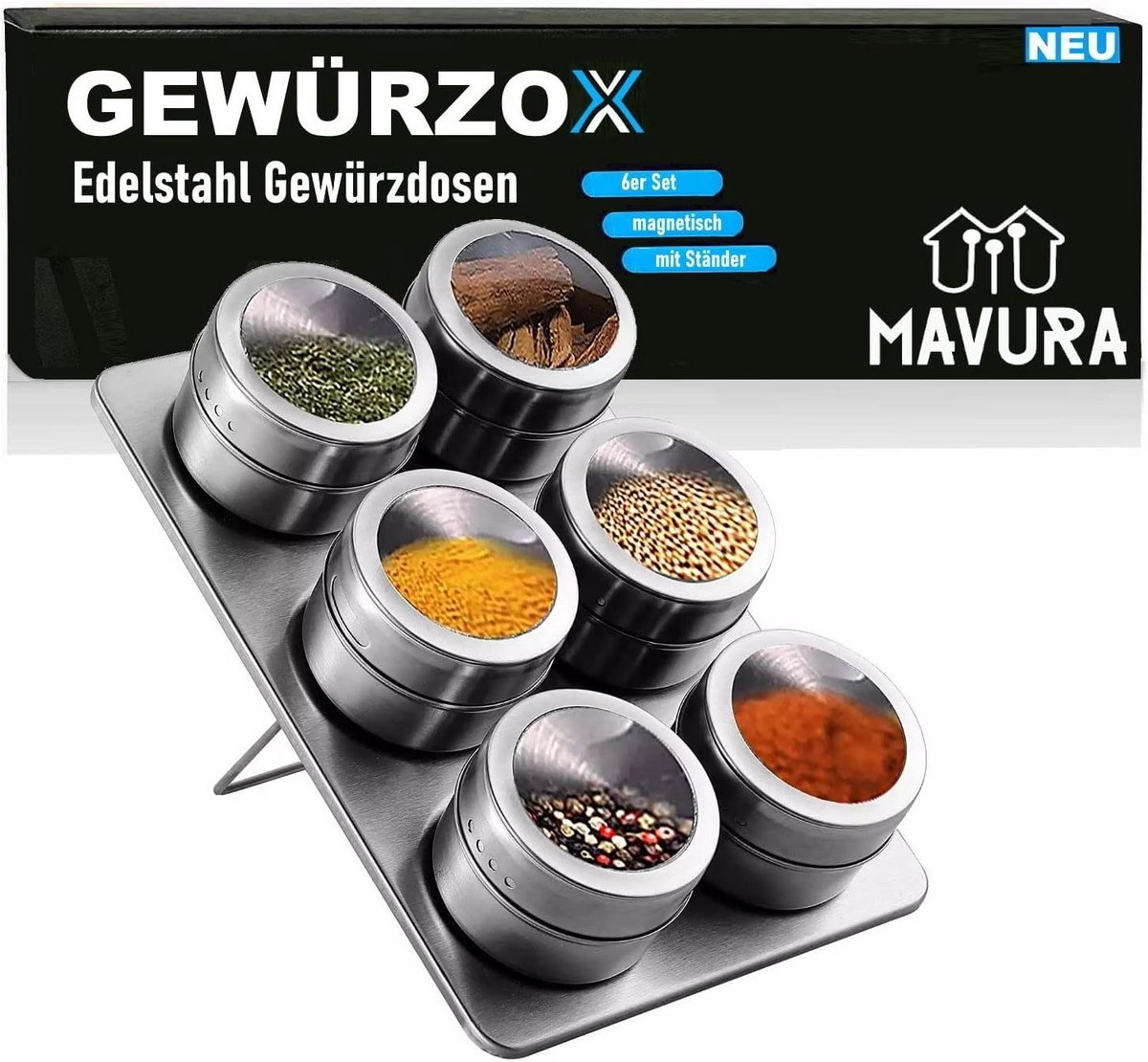 Set van 6 Magnetische Kruidenpotjes in RVS Houder