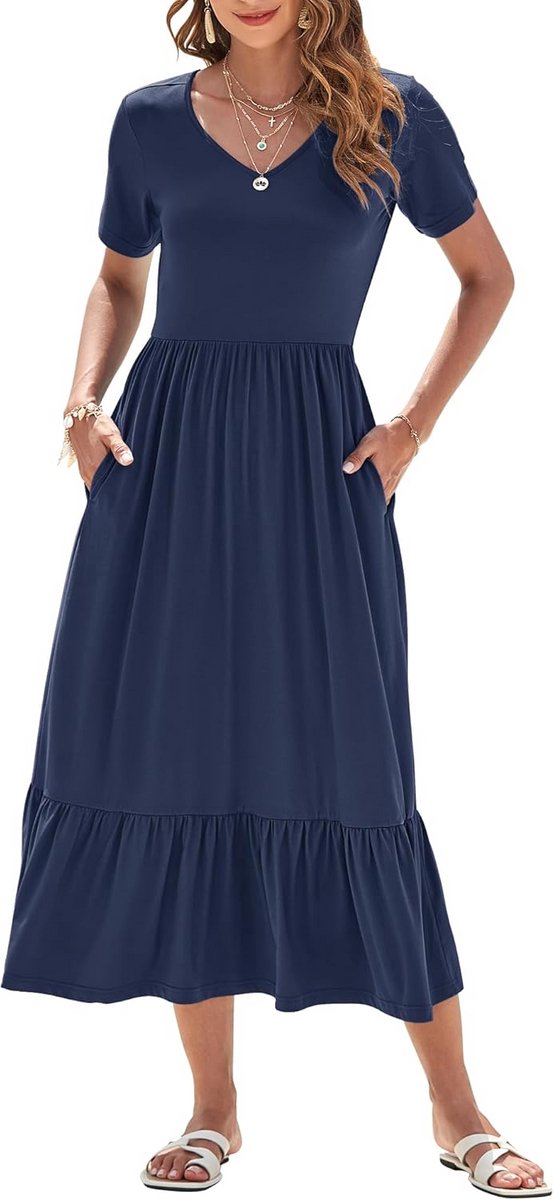 Zomerjurk Dames Korte Mouw Empire Taille Lange Swing Jurk met V-Hals en Zakken