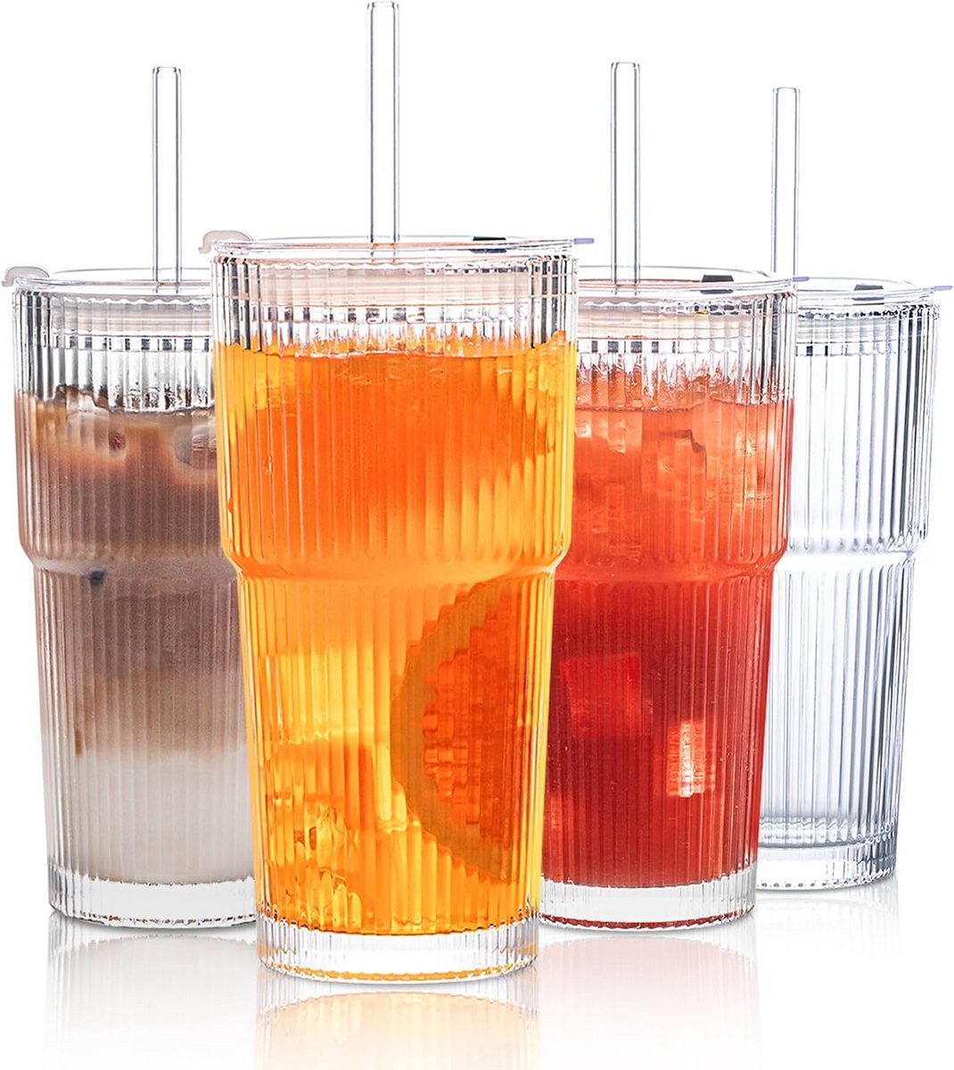 Set van 4 Geribbelde Drinkglazen met Rietjes en Deksel