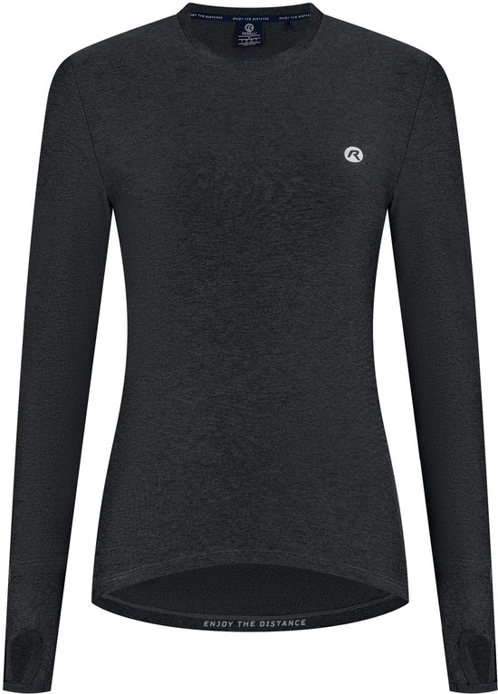 Donkergrijs dames sportshirt met lange mouwen, ronde hals en duimmanchetten. Op de borst het 'R' logo. Op de zoom de tekst 'ENJOY THE DISTANCE'.