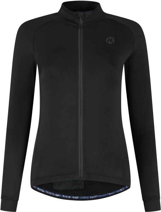 Zwarte fietsjas met lange mouwen, sluiting aan de voorkant en drievoudige achterzakken met Rogelli-logo.