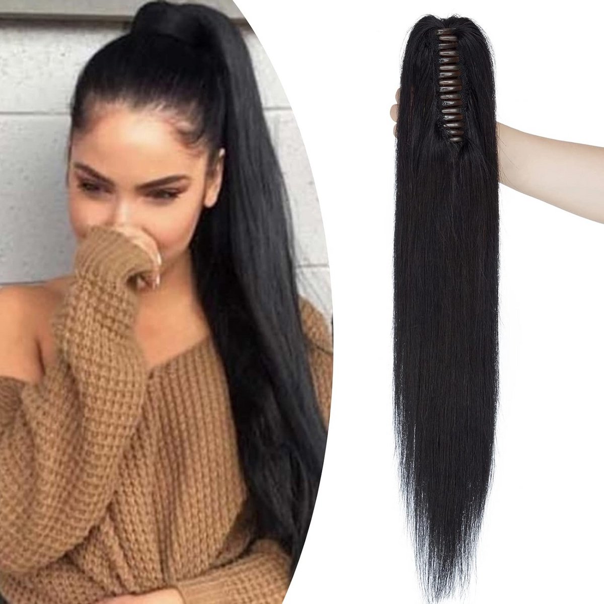 Clip-in Paardenstaart Verlenging van Echt Haar - Steil en Lang (35 cm)