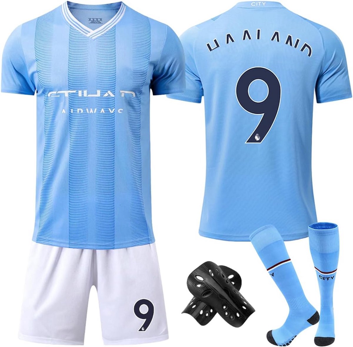 Complete Voetbaltenue Kinderen Nr. 9 Set: Shirt, Korte Broek, Sokken en Kniebeschermers