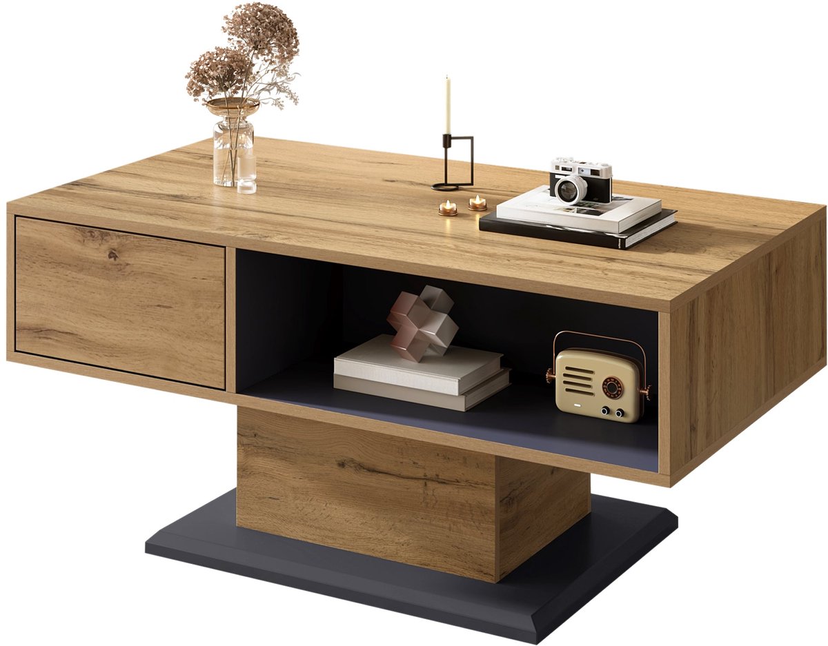 Merax Salontafel 100x50x46,5 cm - Eiken Bruin met Grijs - Bijzettafel met Lade - Dubbelzijdige Opbergruimte - Groot Open Vak - Extra Binnenvak - Moderne Woonkamertafel