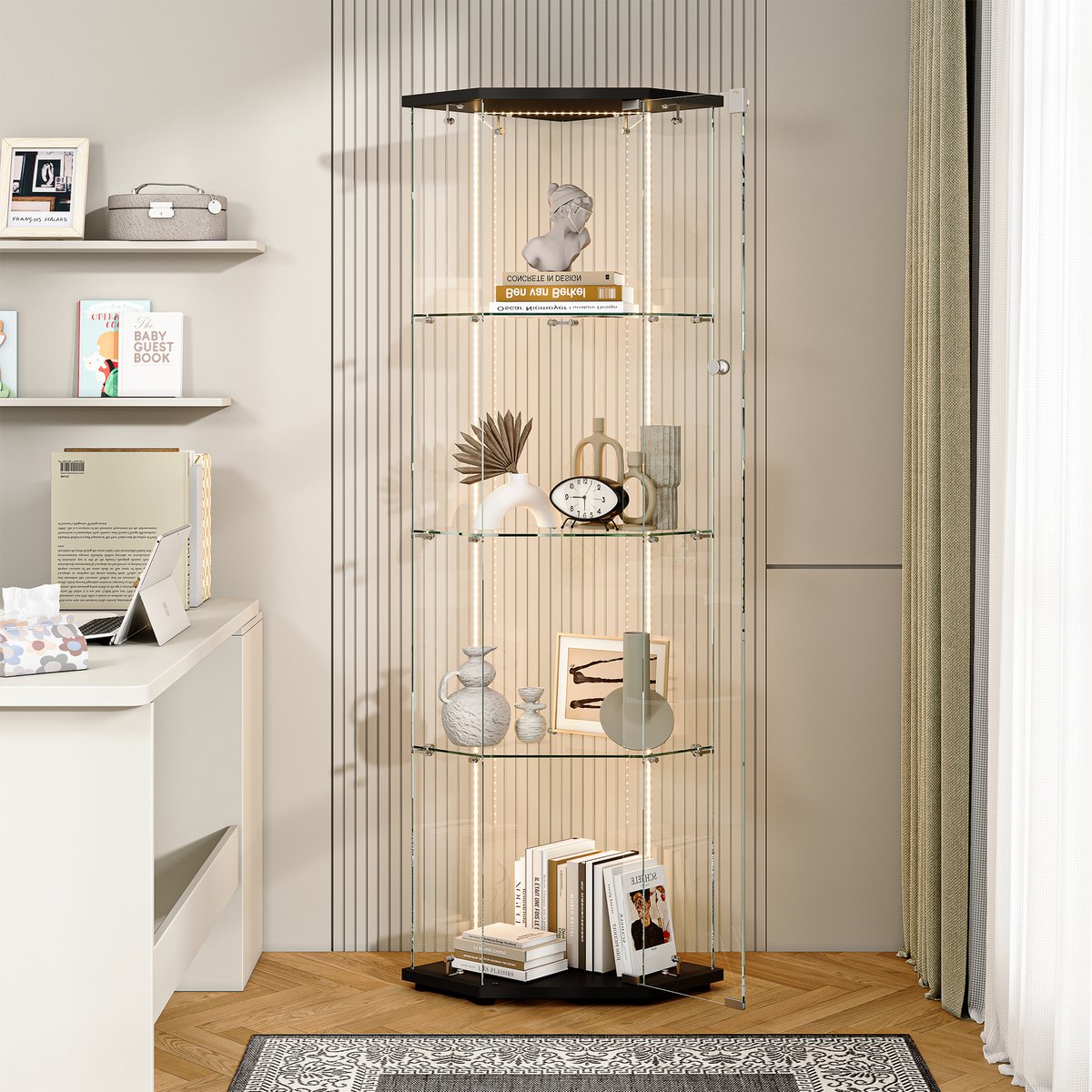 Vitrinekast van Gehard Glas met LED – Vijfhoekige Displaykast met Slot, 4 Planken