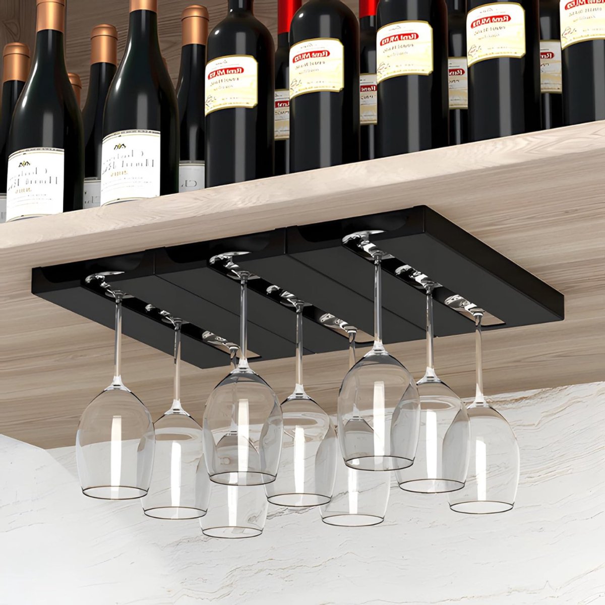 Quvo® Ophangrek Wijnglazen - Wijnglazenhouder – Metalen Wijnglazenrek – Glazenrek Met 3 rijen - Wijnglashouder – Organizer - Stijlvol – Bar, Keuken & Cafe - Hangend - Zwart - 26cm x 11cm x 2cm