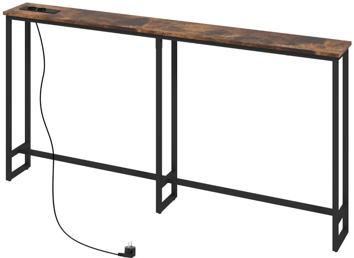 Merax Smalle Wandtafel Met Oplaadstation - Met Stopcontacten En USB Aansluitingen - Industrieel - Rustiek Bruin - Zwart Metaal - 160 X 20 X 80 Cm