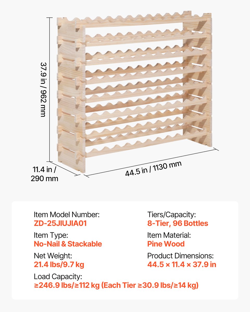 VEVOR Stapelbaar Modulair Wijnrek voor 96 Flessen, 8 lagen, flessenrek met een totaal draagvermogen van 112 kg, stabiel, wijnflessenstandaard voor keuken, wijnkelder, bar, houder voor natuurwijnen — cadeau in Cadeau-ideeën - foto 2