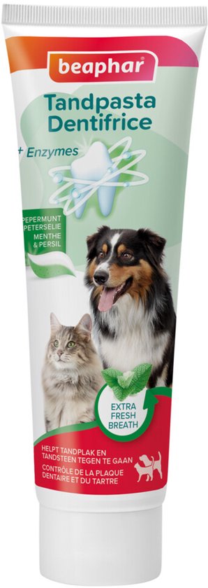 Beaphar tandpasta met pepermunt en peterselie. Met een hond en kat op de tube. Extra Fresh Breath.