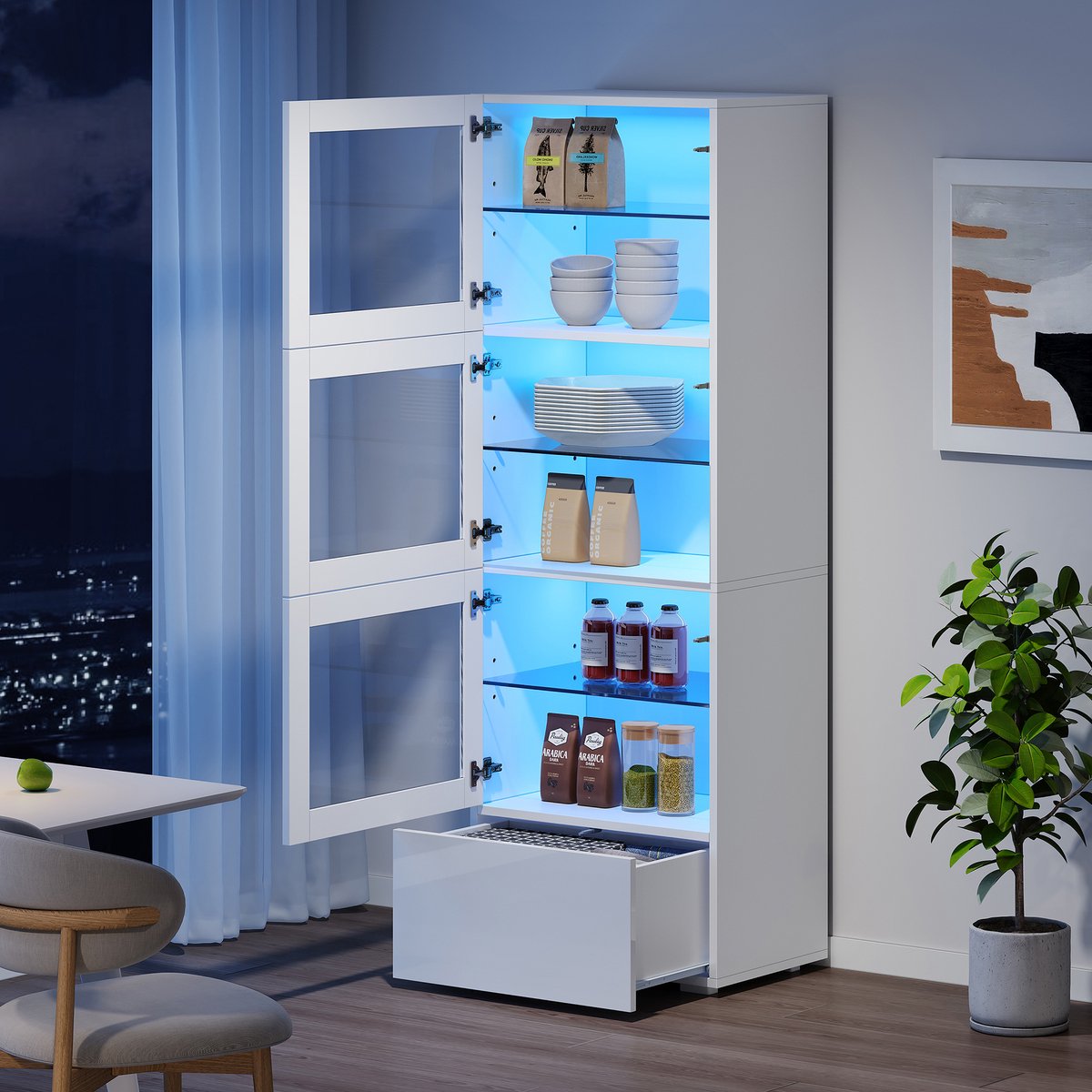 MIVRAY Vitrinekast - Wit MDF Met LED Verlichting En 3 Deuren - Voor Woonkamer En Interieur - Acrylglas En Glas - 60 X 40 X 173 Cm