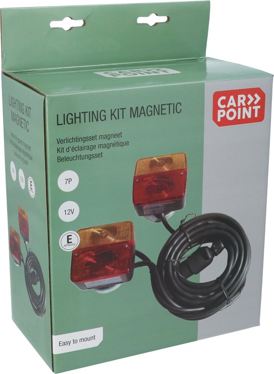 Emballage d'un kit d'éclairage magnétique avec deux feux arrière rouge-orange et une prise à 7 broches.