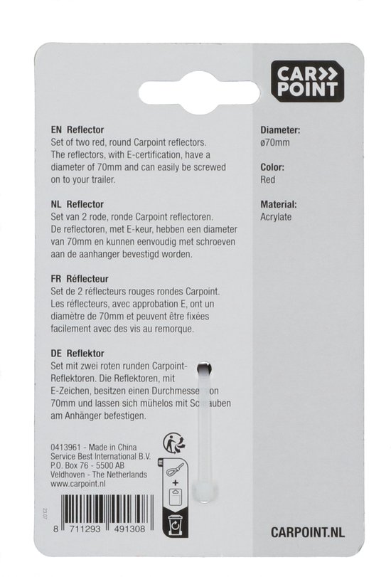 Verpakking met informatie over ronde, rode Carpoint reflectoren van 70 mm.