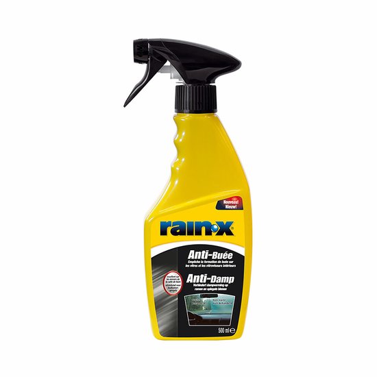 Gele Rain-X Anti-Damp sprayflacon met zwarte spuitkop. Tekst: "Nouveau! Nieuw!", "Rain-X", "Anti-Buée", "Anti-Damp".