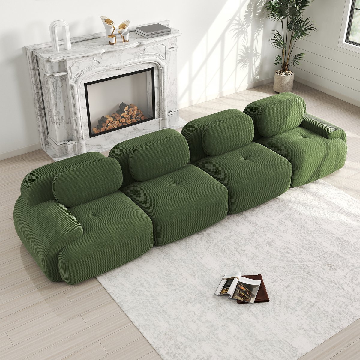 STILVORA Modulaire Hoekbank 4 Zits - Vrij Te Combineren Zonder Montage - Ergonomisch Comfort Met Zachte Ribstof - Voor Woonkamer Slaapkamer - Groen
