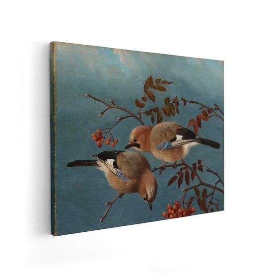 Artaza Canvas Schilderij Vogels - 50x40 cm - Wanddecoratie Gaaien Op Tak - Muurdecoratie Natuur Vintage - Schilderijen Herfst Bessen