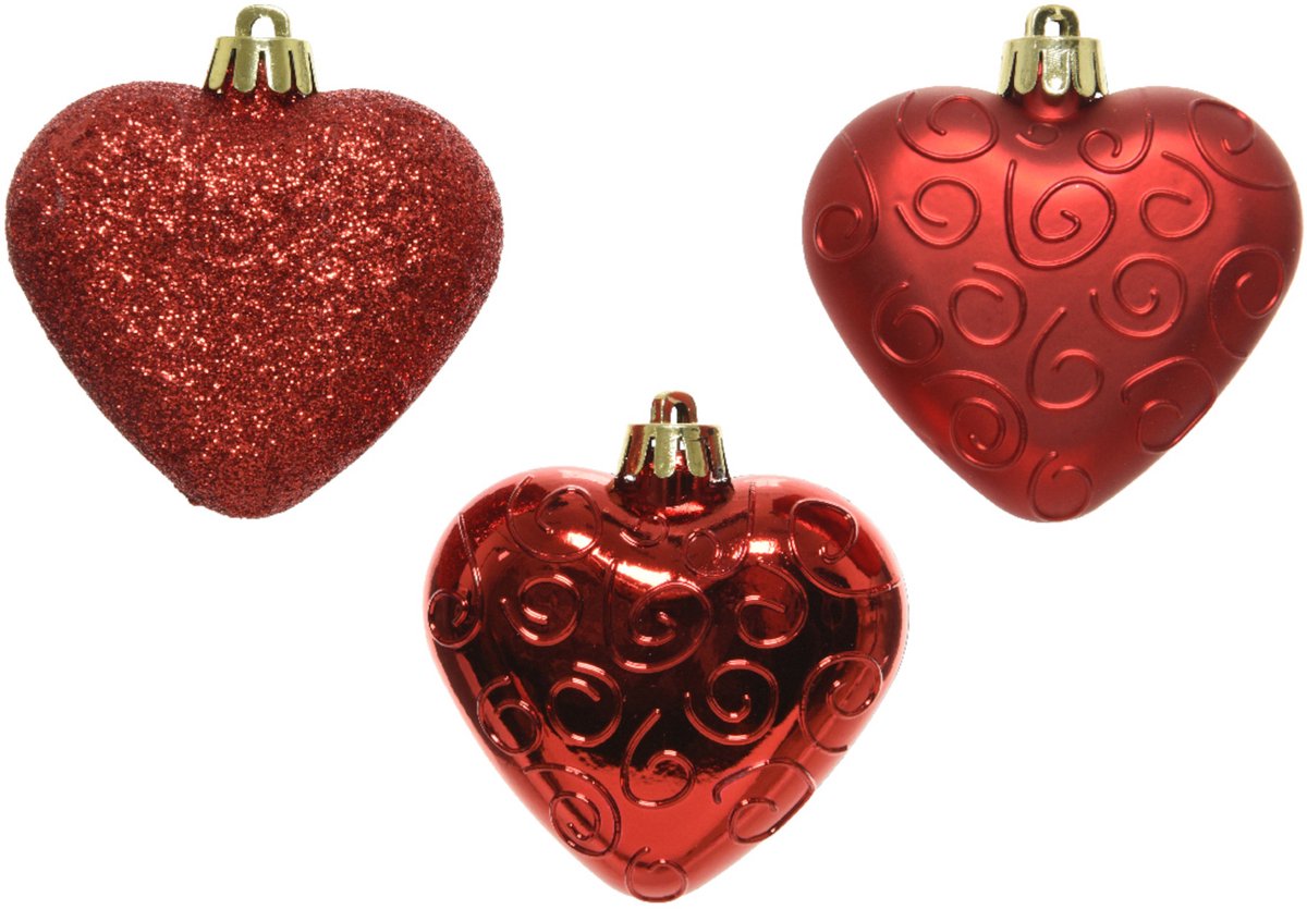 KAEMING B.V. - 6 rode hart ornamenten voor kerstboom 7,5 cm mat, glanzend en glitter