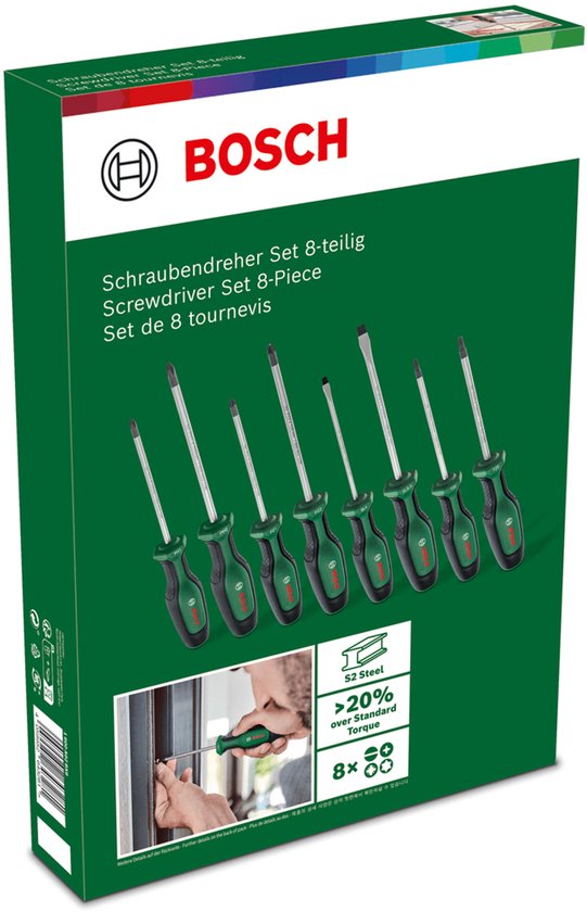 Doos van de Bosch schroevendraaierset met 8 delen, met afbeeldingen van schroevendraaiers en gebruik.