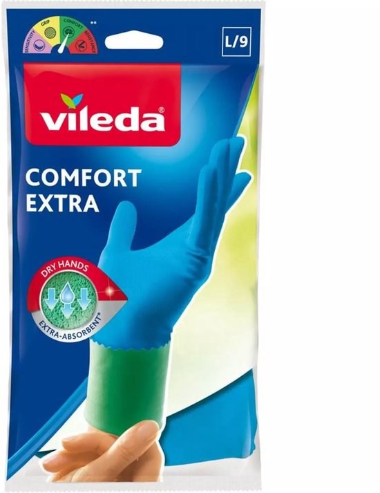 Vileda Comfort Extra huishoudhandschoen, blauw met groen manchet. L/9.