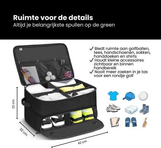 Zwarte golf organizer tas met 42x32x22cm, gevuld met golfballen, tees, kleding, schoenen en handschoenen.