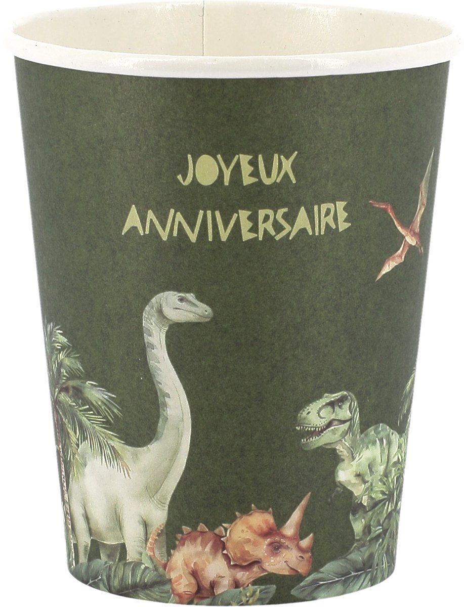 ARTYFETES - 6 'Happy Birthday' dinosaurus kartonnen bekers groen 255 ml jungle thema