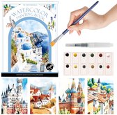 Ainy Aquarel verf set nummer 8 Europese steden voor kinderen en volwassenen | Waterverf Pakket met Aquarelpapier & penseel | Knutselen voor meisjes & jongens | Schilderen op kleurboek | Creatief hobby cadeau | Tekenen & kunst | Schilderset werkboek