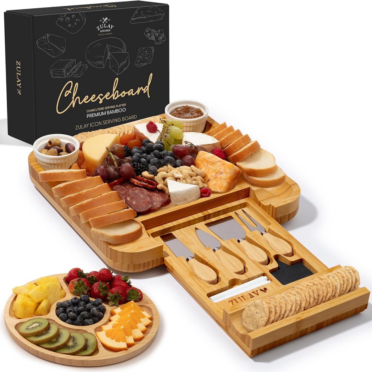 Bamboe Kaasplank Deluxe met Besteklade en Keramische Kommetjes - Tapasplank
