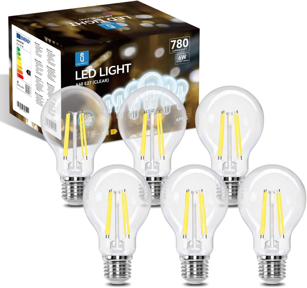 LED Filamentlamp E27 Wit Licht 6500K 780 Lumen Decoratieve Lamp Set van 6